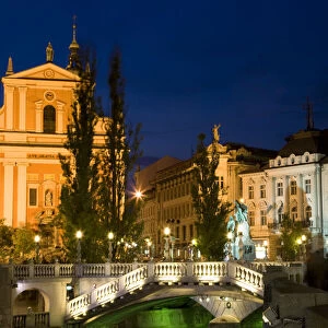 Evening view of Franciscan Church, Presernov Trg Square and Triple Bidge, Ljubljana