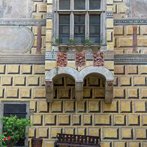 Detail of facade and window at premises of Cesky Krumlov Castle and Chateau, Cesky Krumlov, South Bohemian Region, Czech Republic