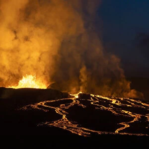 Fagradalsfjall volcano eruption at night, Geldingadalir, Reykjanes Peninsula, Iceland