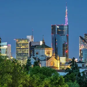 Financial district skyline by night, Milan, Lombardy, Italy Financial district skyline by night, Milan, Lombardy, Italy