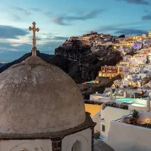 Fira at dusk, , Santorini, Cyclades Islands, Greece, Europe