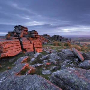 First light at sunrise glows against Belstone Tor, Dartmoor National Park, Devon, England