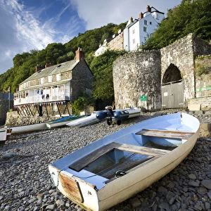 Fishing boat on the pebble beach in Clovelly harbour, Devon, England