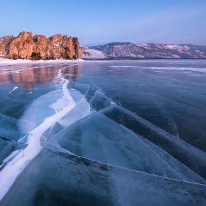 A flat ice with cracks of the lake Baikal, Irkutsk region, Siberia, Russia