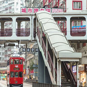 Footbridge and tram, North Point, Hong Kong Island, Hong Kong