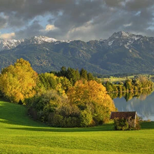 Forggensee Lake and Allgau Alps, Fussen, Ostallgau, Swabia, Bavaria, Germany