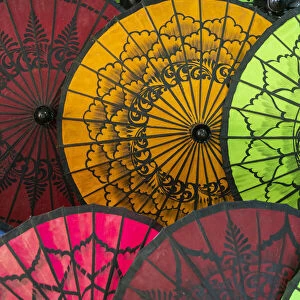 Full frame shot of traditional Burmese colorful umbrellas, Lake Inle, Nyaungshwe Township