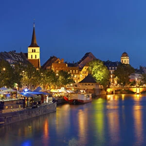 France, Alsace, Strasbourg, City and river at night