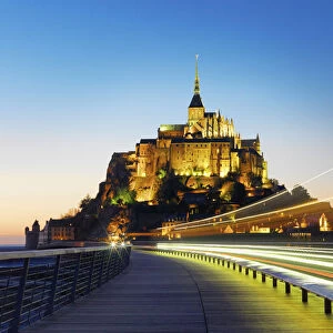 France, Normandy, Le Mont Saint Michel, traffic trail light at night