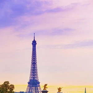 France, Paris, Eiffel Tower and River Seine at dusk
