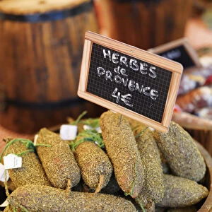 France, Provence, Arles, market, Herbs and sausages