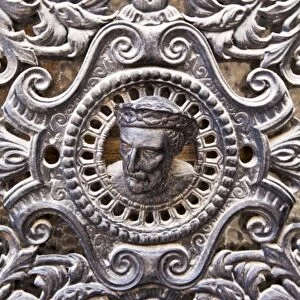 France, Tarn, Sorze. Intricate metal door ornamentation, Sorze