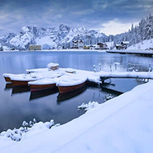 Fresh Snowfall at Lake Misurina, Belluno Province, Veneto, Dolomites, Italy