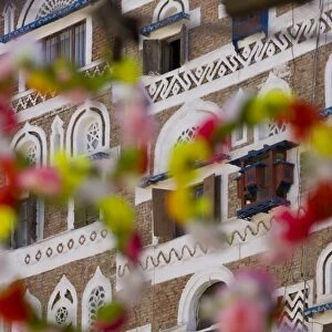 Frontage of buildings & floral decorations, Sana a, Yemen