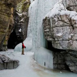 Frozen Waterfall & Man, Maligne Canyon, Jasper National Park, Alberta, Canada