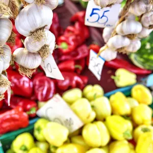 Garlic and peppers on sale at the open-air market of Split, Dalmatia, Croatia