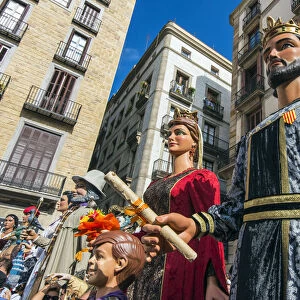 The Gegants (Giants) parade in Plaza San Jaume during La Merca festival, Barcelona