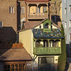 Georgia, Tbilisi, Houses in the old town with wooden balcony