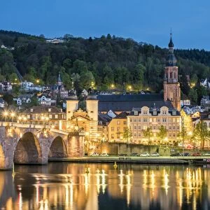 Germany, Baden-Wurttemberg, Heidelberg. Alte Brucke (old bridge) towers and buildings