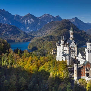 Germany, Bavaria, Hohenschwangau, Schloss Neuschwanstein castle, elevated view, fall