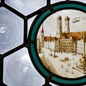 Germany, Bavaria, Munich. Detail of stained glass window depicting Fraenkirche from Marienplatz