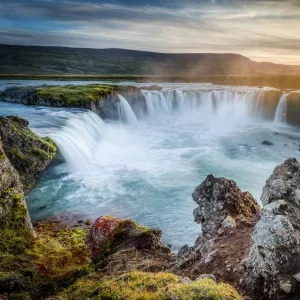 Godafoss, Myvatn, Iceland. the waterfall of the Gods at sunset