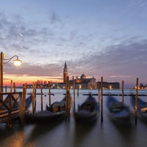 Gondolas at Sunrise with San Giorgio Maggiore Island in the Background, Venice, Veneto