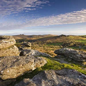 Granite outcrop at Hayne Down, looking over moorland towards Hound Tor and Haytor