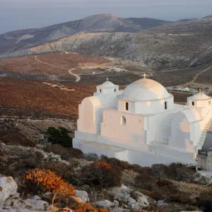 Greece, Cyclades Islands, Folegandros Island, panorama at sunset from the church Panagia