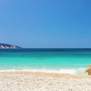 Greece, Iionian Islands, Kefalonia. Aspros Gialos beach on the west coast of Kefalonia is one of many spectacular beaches only accessible by boat