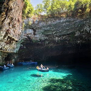 Greece, Ionian Islands, Kefalonia, Karavomilos. Melissani Lake is a cave with a long collapsed ceiling