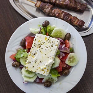 Greece, Peloponese Region, Corinth, Greek Salad and Souvlaki