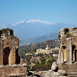 The Greek theatre and Mount Etna, Taormina, Sicily, Italy