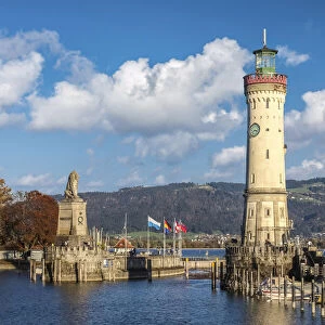 Harbor with Bavarian lion and lighthouse, Lindau on Lake Constance, Swabia, Bavaria