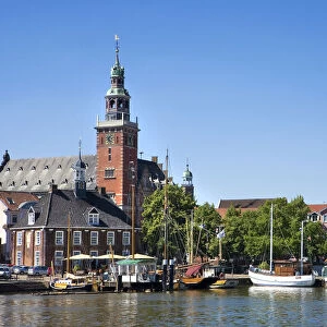 Harbour and town hall, Leer, East Friesland, Lower Saxony, Germany