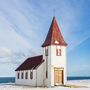 Hellnar, Snaefellsnes Peninsula, Western Iceland, Iceland. Hellnar church in winter