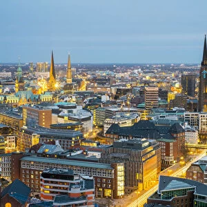 High angle view of central Hamburg city skyline at night, Hamburg, Germany, Europe