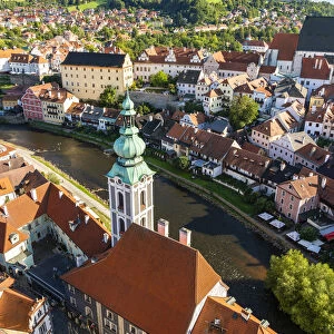 Historic center of Cesky Krumlov and St. Jost Church as seen from the Castle Tower, Cesky Krumlov, South Bohemian Region, Czech Republic