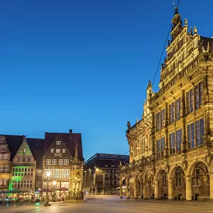 Historic houses and town hall on the market square in the evening, Bremen, Germany