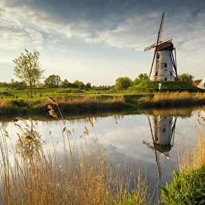 Hoeke Windmill Reflecting in Canal, Damme, Belgium