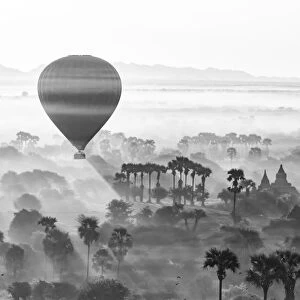 A hot air balloon flies over a trees and a temple at sunrise on a misty morning, Bagan
