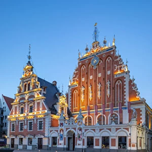 House of Blackheads and Schwab House at Night, Town Hall Square, Old Town, Riga, Latvia