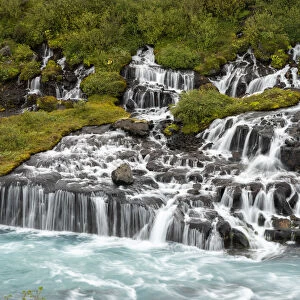 Hraunfossar waterfall flowing through rocks in forest, Western Iceland, Iceland