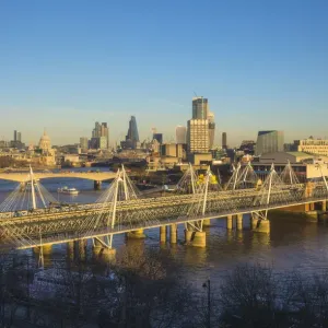 Hungerford Bridge and Golden Jubilee Bridges, River Thames, London, England, UK Hungerford Bridge and Golden Jubilee Bridges, River Thames, London, England, UK