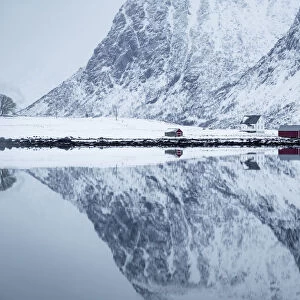 Iconic rorbuer reflecting itself on a lake, Lofoten Island, Norway