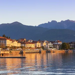 The idyllic lakeside village of Baveno illuminated at sunrise, Lake Maggiore, Piedmont