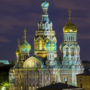 Illuminated Domes of Church of the Saviour on Spilled Blood, Saint Petersburg, Russia