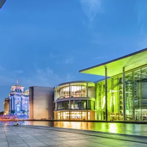 Illuminated Reichstag and Paul Lobe Haus, River Spree, Berlin, Germany