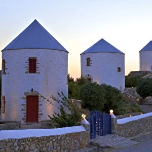 Illuminated Windmills, Leros, Dodecanese, Greek Islands, Greece, Europe