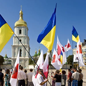 Independence day, Ukrainian national flags in the square outside St. Sophia Cathedral